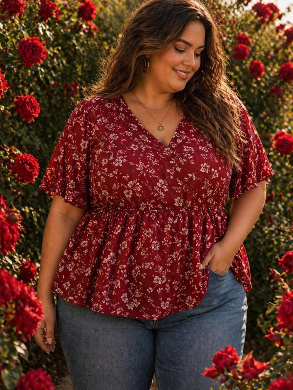 SHEIN Burgundy Floral V-Neck Peplum Blouse